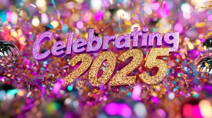 Joyful New Year Celebration with Colorful Confetti Explosion and "Celebrating 2025" Phrase in Vibrant Letters