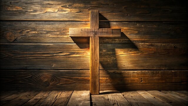 A weathered wooden cross stands against a backdrop of rustic planks, bathed in the warm glow of soft light.