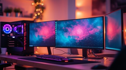 High-Tech Workspace with Multiple Monitors and VR Setup