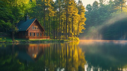 Fototapeta premium A wooden cabin sits on the edge of a serene lake, surrounded by tall trees, with golden sunlight filtering through the leaves.
