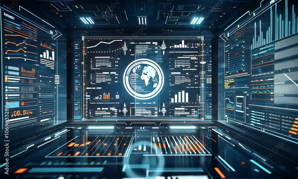Aufkleber futuristic digital screen displaying financial data and graphs with world map, highlighting the impo
