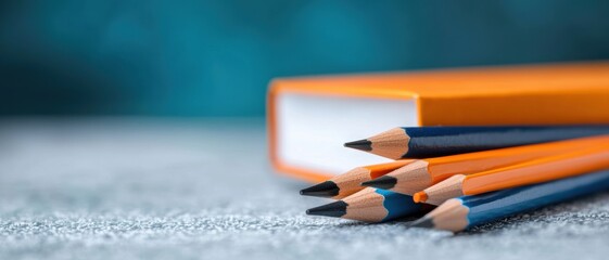 A close-up of colored pencils arranged beside an orange book, set on a textured surface with a soft-focus background.