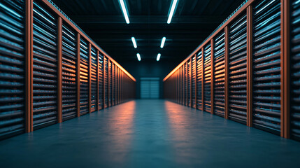 Fototapeta premium Modern warehouse interior with automated shelves and organized storage. sleek design features illuminated pathways and futuristic atmosphere, enhancing efficiency and productivity