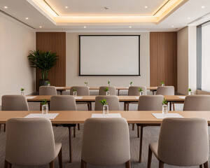 Professional business meeting setup with digital screen, tables, and chairs. room features modern design, suitable for presentations and conferences, creating productive atmosphere