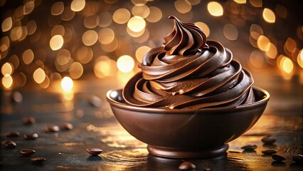 A decadent swirl of rich chocolate ganache in a brown bowl, illuminated by soft, warm light, set...