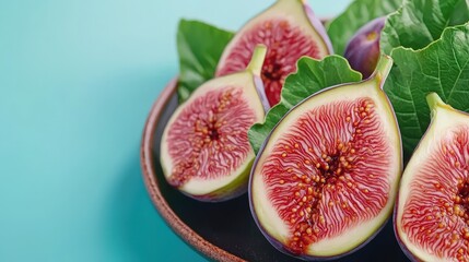 Fresh Figs Drizzled with Balsamic Glaze on Dark Plate with Green Leaves   Close up  Food P