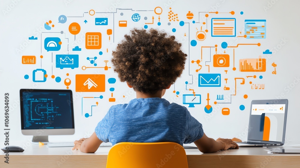 Poster A young boy sits at a desk in front of two computers, looking at a wall filled with colorful icons representing various aspects of technology, data, and programming.