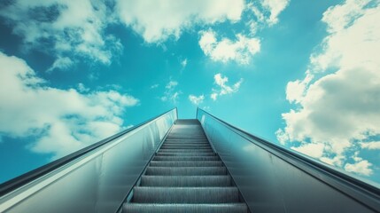A long escalator with a blue sky in the background. The escalator is silver and has a lot of steps