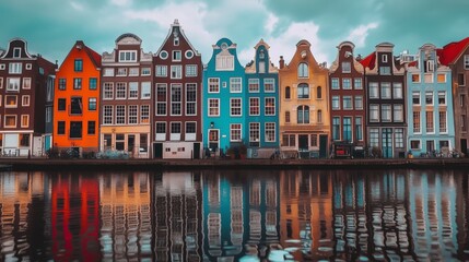 Naklejka premium VibranColorful houses water reflections rippled vibrant scenery picturesque tranquil Ai generated