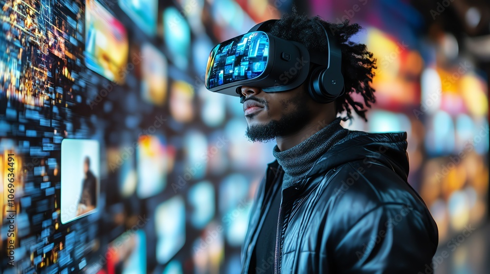 Poster a young man wearing a vr headset stands in front of a wall of screens with various images, exploring