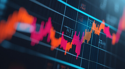 Abstract data charts with vibrant colors on dark futuristic background, showcasing financial trends and analytics. dynamic visuals evoke sense of innovation and technology