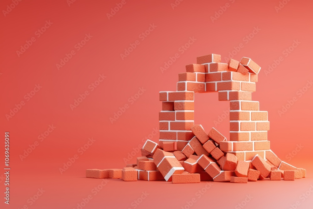 Poster a broken brick wall with scattered bricks on a warm-toned background, creating an appealing visual c