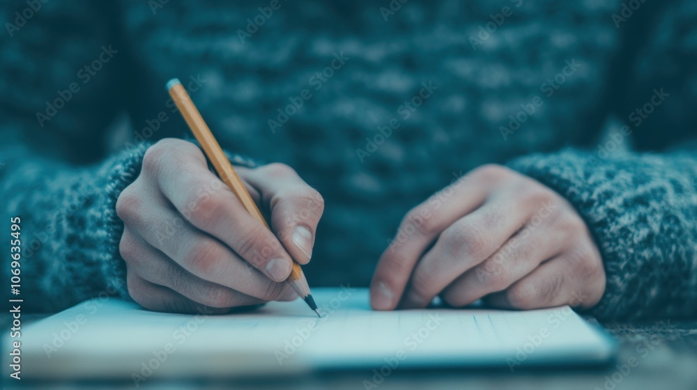 Poster a man is focused on writing in his notebook with a pencil, surrounded by a relaxed atmosphere in an 
