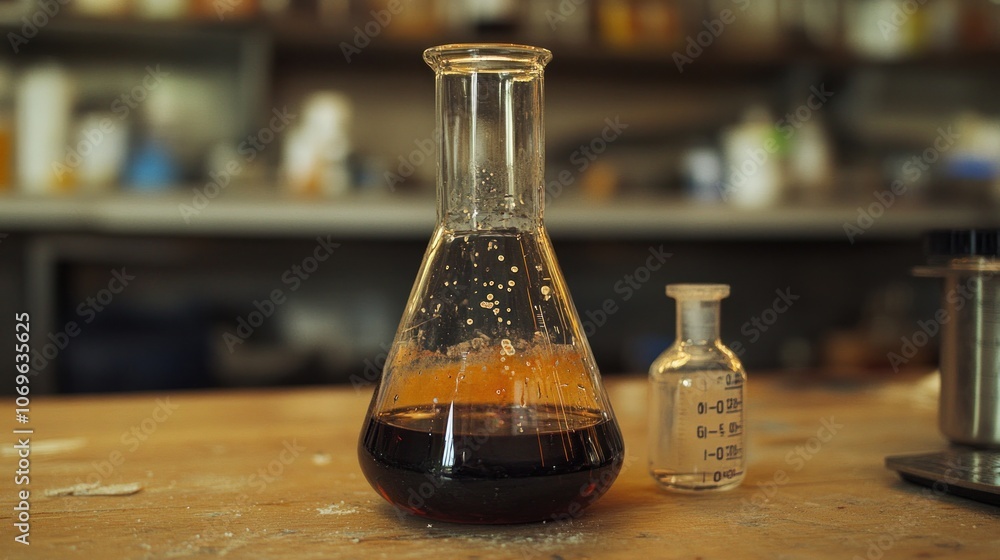 Poster a laboratory scene featuring a flask with a dark liquid and a small vial, indicating experimentation