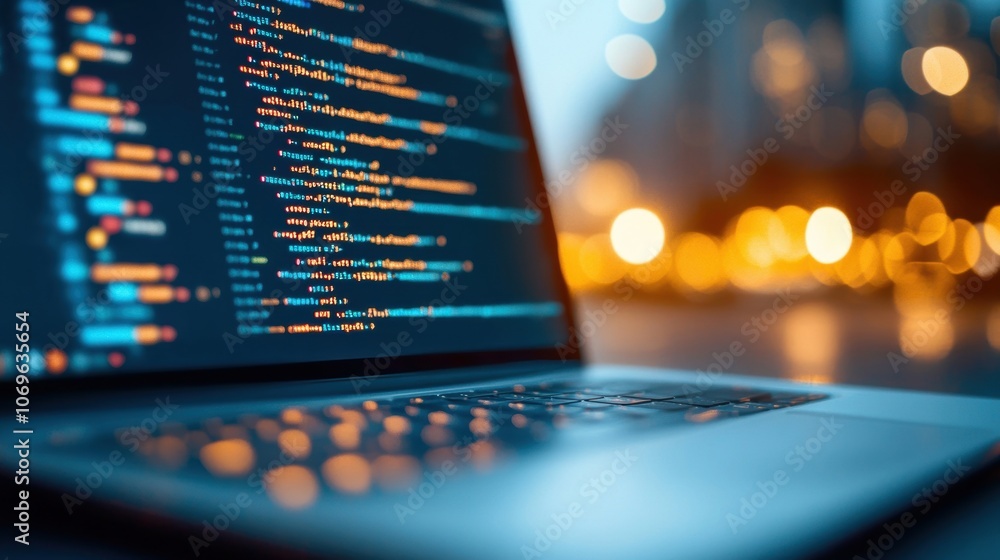 Aufkleber late-night coding is taking place with a glowing keyboard, while city lights add a vibrant backdrop 