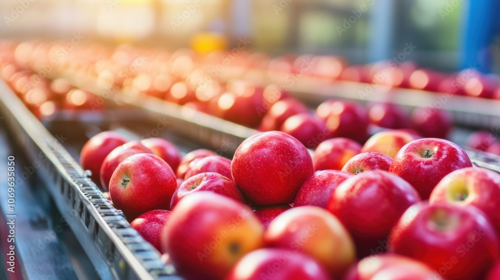 Poster red apples are being efficiently sorted on a conveyor system at a packing facility, ready for distri