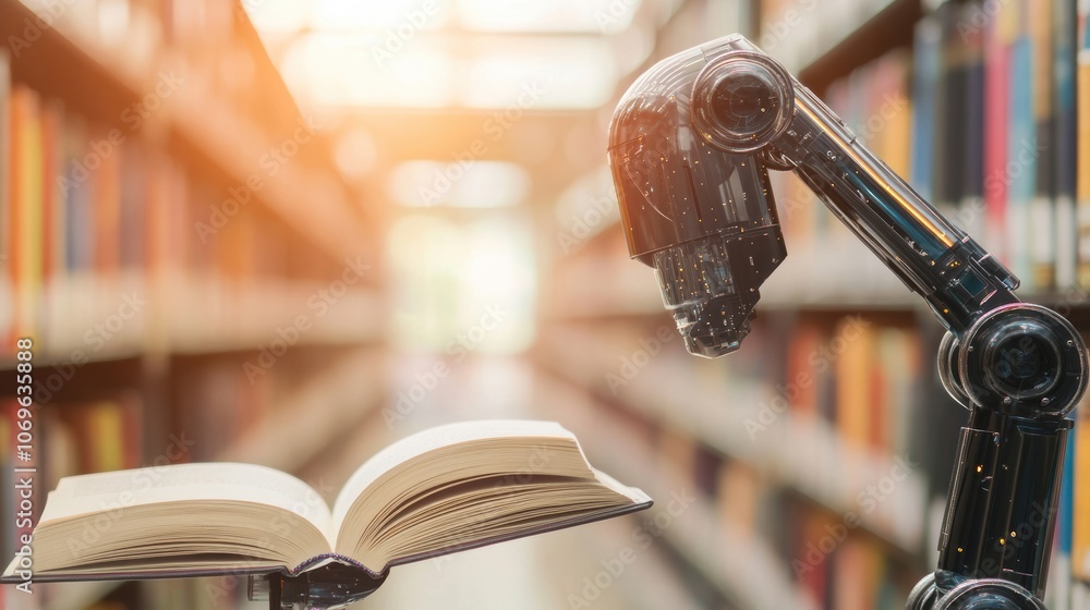 Poster high-tech robotic arm holding an open book in a sunlit library, symbolizing ai learning and the futu