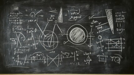 A chalkboard with mathematical equations and diagrams, simple line art, black and white, isolated on a clean white background.