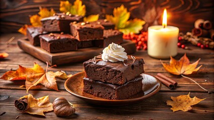 A Delicious Double Stack of Fudgy Brownies Topped with Whipped Cream, Set Amidst the Warm Hues of Autumn Leaves and a Soft Glow of Candlelight