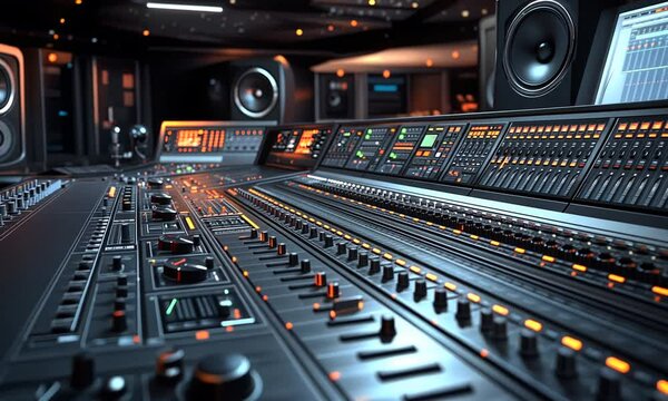 Advanced Sound Mixing Console in a Modern Recording Studio with Ambient Lighting
