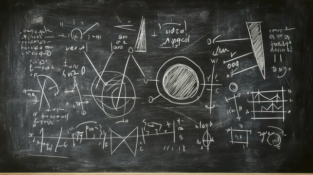 A chalkboard with mathematical equations and diagrams, simple line art, black and white, isolated on a clean white background.