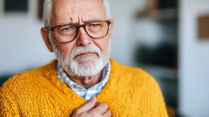 A senior man grips his chest in pain while seated at home, displaying discomfort and worry in a warm, inviting setting