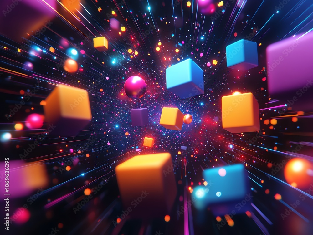 Poster abstract 3d render of colorful geometric shapes, spheres, and light streaks in a dark background.