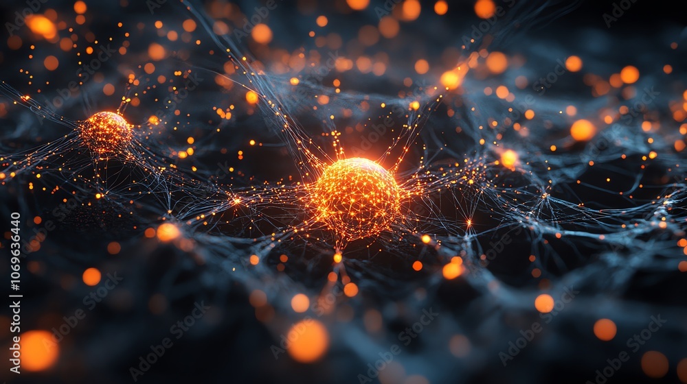 Poster Abstract 3D rendering of a neural network with glowing nodes and connections.