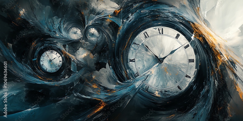 Poster abstract art painting with three clock faces in a swirling vortex.