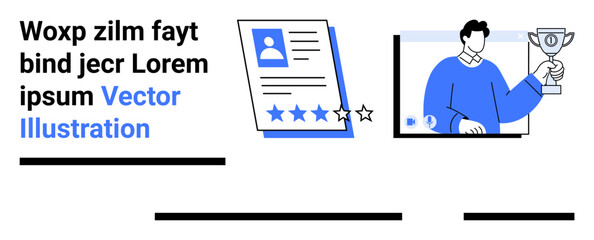 Businessman holding trophy, a resume with a 5-star rating. Ideal for HR, recruitment, career success, performance review, employee recognition, personal branding, business achievements. Landing page