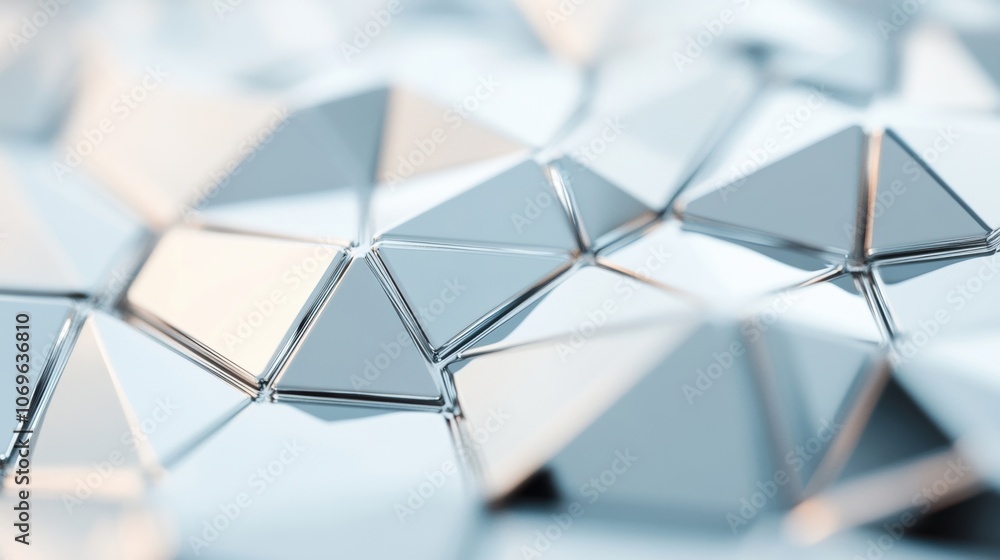 Poster a futuristic, metallic surface with geometric triangular shapes, creating a sleek, abstract pattern 