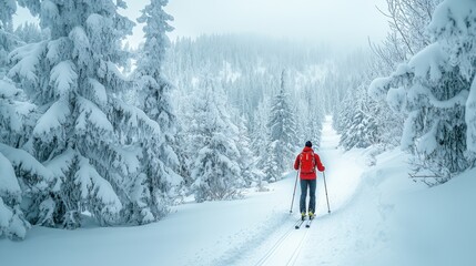 A cross-country skier gliding through a snowy forest trail, representing endurance winter sports, isolated on a clean white background.