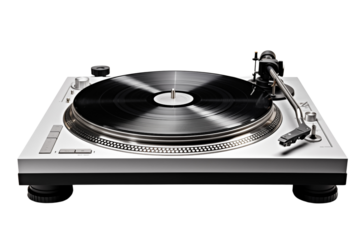 High quality DJ turntable with black vinyl record, with sleek design isolated on transparent background, PNG cutout.