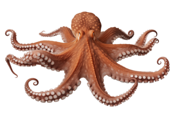Octopus with extended tentacles, with vibrant colors and intricate details. This marine creature is symbol of intelligence and adaptability in ocean, PNG cutout transparent background.