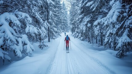 A cross-country skier gliding through a snowy forest trail, representing endurance winter sports, isolated on a clean white background.