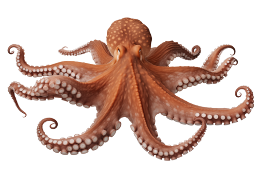 Octopus with extended tentacles, with vibrant colors and intricate details. This marine creature is symbol of intelligence and adaptability in ocean, PNG cutout transparent background.