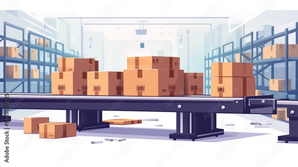 Poster modern warehouse with sorting machine and boxes