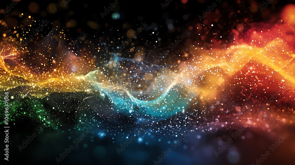 Poster abstract background of colorful glowing particles and smoke with a black background.