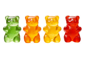 Four colorful gummy bears in green, orange, yellow, and red, with vibrant candy appeal isolated on transparent background, PNG cutout.