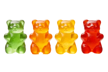 Fototapeten Four colorful gummy bears in green, orange, yellow, and red, with vibrant candy appeal isolated on transparent background, PNG cutout. © MIIJIN
