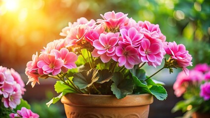 A vibrant pink flower blooms in a terracotta pot, basking in the golden glow of the afternoon sun, surrounded by lush green foliage.