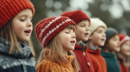 Obraz premium A group of children wearing colorful winter clothing sings cheerful Christmas carols outdoors, spreading holiday joy and goodwill