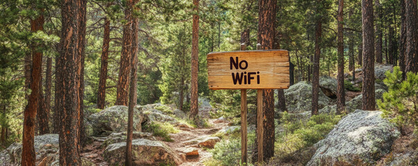 Trail in forest with 'no wifi' sign, nature retreat concept