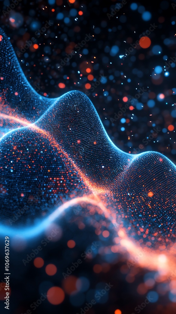 Aufkleber Abstract background with blue and orange glowing particles in a wave shape against a dark background.
