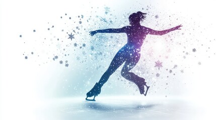 A figure skater performing a graceful spin on ice, with snowflakes twinkling around, symbolizing elegance in winter sports, isolated on a clean white background.