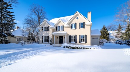 SnowCovered Suburban Home With Blue Sky