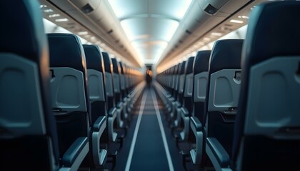 Obraz premium Interior of airplane with empty seats and aisle. Travel concept.