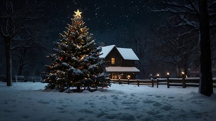 house in the snow with christmas tree outside new year celebration