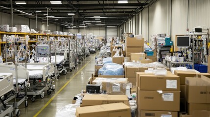 Naklejka premium A warehouse filled with medical equipment and supplies, organized for healthcare use.