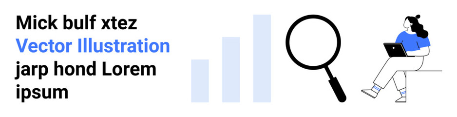 Text, bar graph, magnifying glass, woman using a laptop on bench. Ideal for business research, analytics, data analysis, market research, learning, digital marketing, and productivity. Landing page